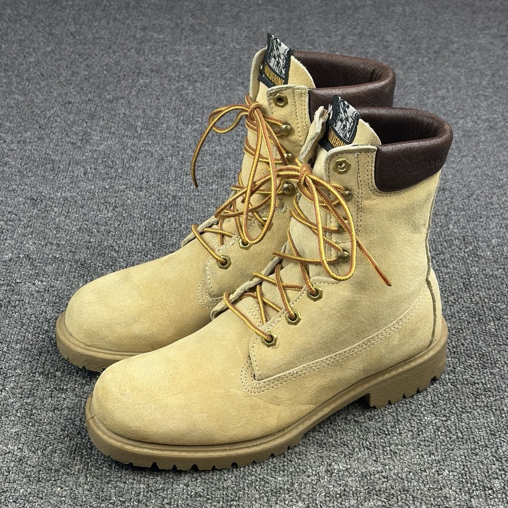 Vtg 90s Wolverine USA Pigskin Suede Work Boots Mens 7M Tan Leather 1149